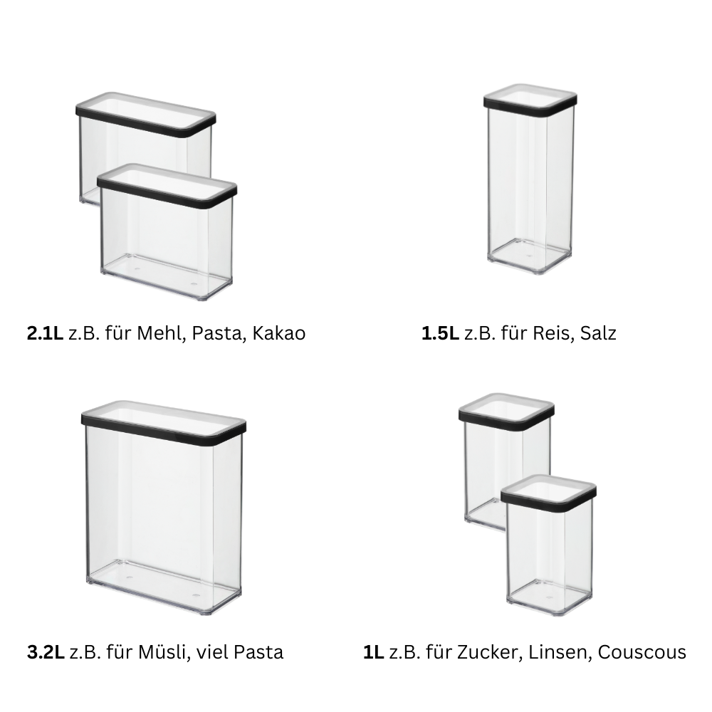 Set van zes doorzichtige, rechthoekige Rotho-voorraadpotten LOFT in zwart met zwarte deksels en Duitse etiketten, ideaal voor het ordenen van droge voedingsmiddelen zoals pasta of rijst. De set bestaat uit potten van 3,2 l, 1,5 l en 1 l, perfect voor het bewaren in de voorraadkast.