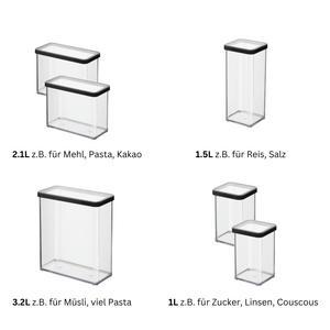Set van zes doorzichtige, rechthoekige Rotho-voorraadpotten LOFT in zwart met zwarte deksels en Duitse etiketten, ideaal voor het ordenen van droge voedingsmiddelen zoals pasta of rijst. De set bestaat uit potten van 3,2 l, 1,5 l en 1 l, perfect voor het bewaren in de voorraadkast.