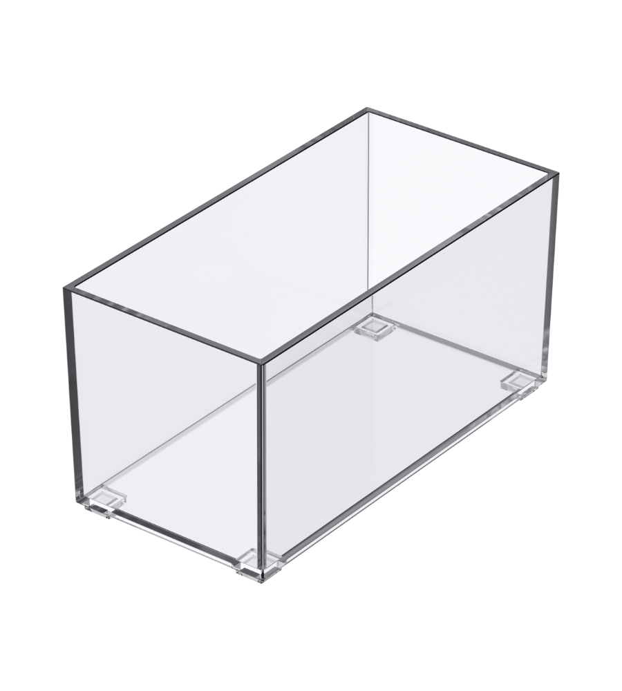 De SLIDE-lade-organizer KLAR - HOCH van BNB x VCN is een doorzichtige, rechthoekige acryldoos met een open bovenkant en een stapelbaar ontwerp. Als hij transparant en leeg is, zie je zijn eenvoudige structuur en scherpe randen tegen een witte achtergrond.