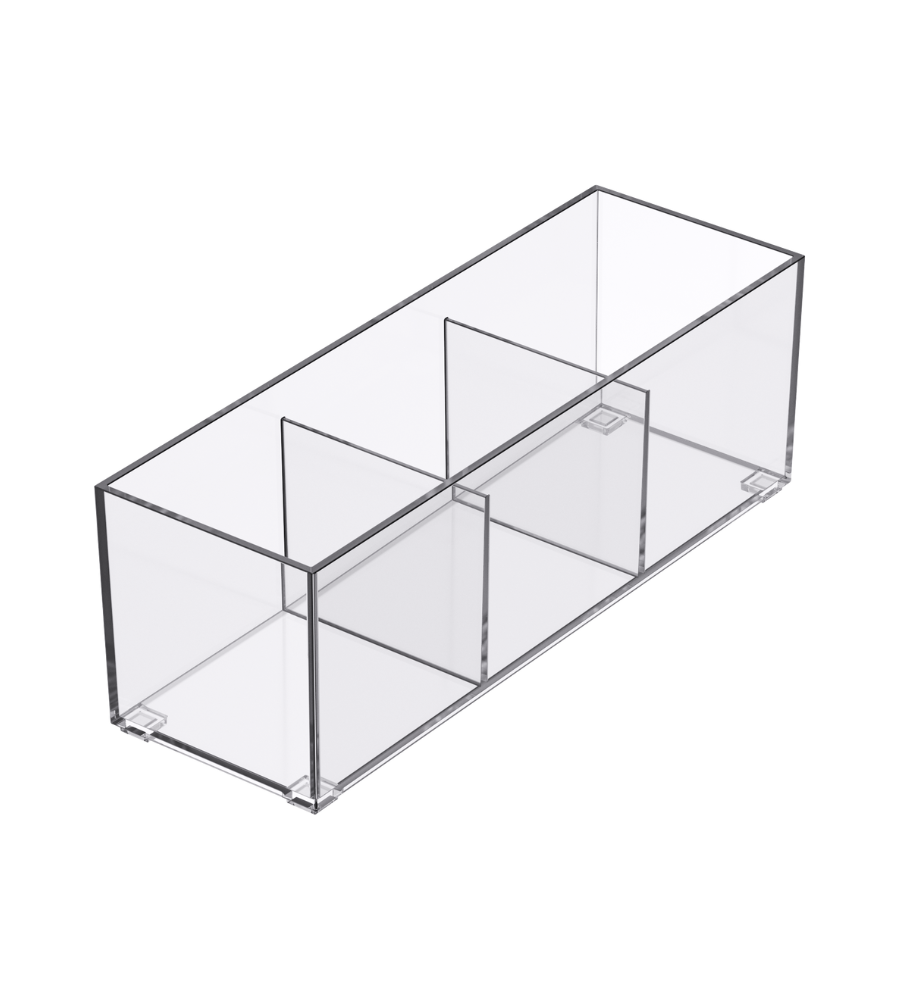 De SLIDE-lade-organizer TRANSPARANT - HOOG in diverse maten van BNB x VCN is een transparante, rechthoekige acryl-organizer met drie scheidingswanden die vier vakken vormen voor een eenvoudige indeling van je lades, afgebeeld tegen een strakke witte achtergrond.