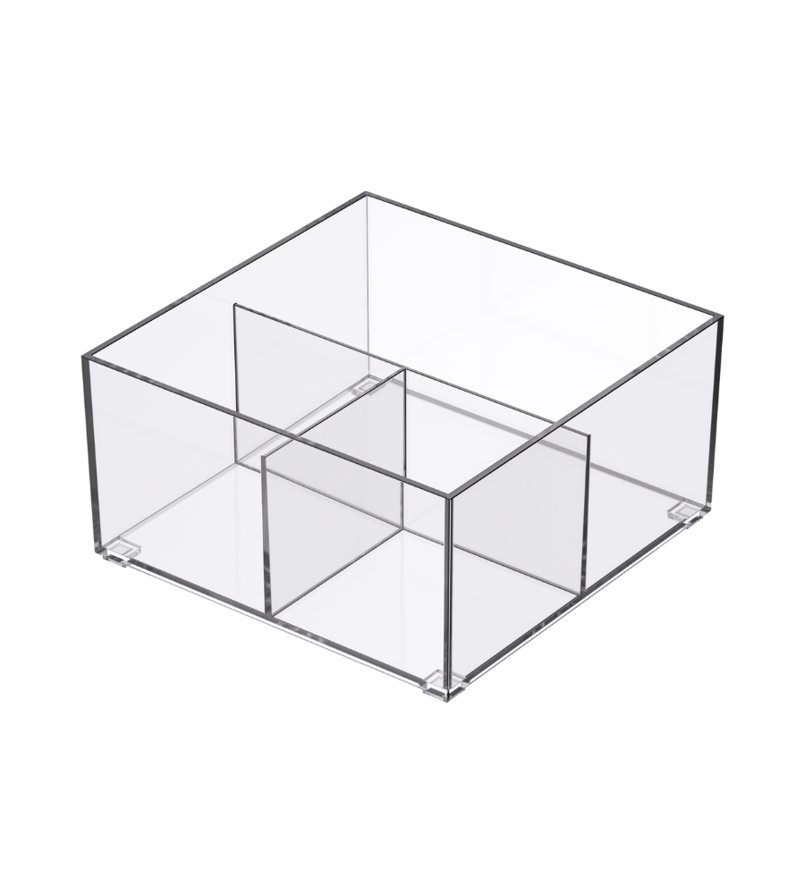 De SLIDE-lade-organizer TRANSPARANT - HOOG in diverse maten van BNB x VCN is een doorzichtige, vierkante acryl-organizer met vier verticaal ingedeelde vakken, die perfect is om orde in je lades te scheppen. Hier afgebeeld op een witte achtergrond.