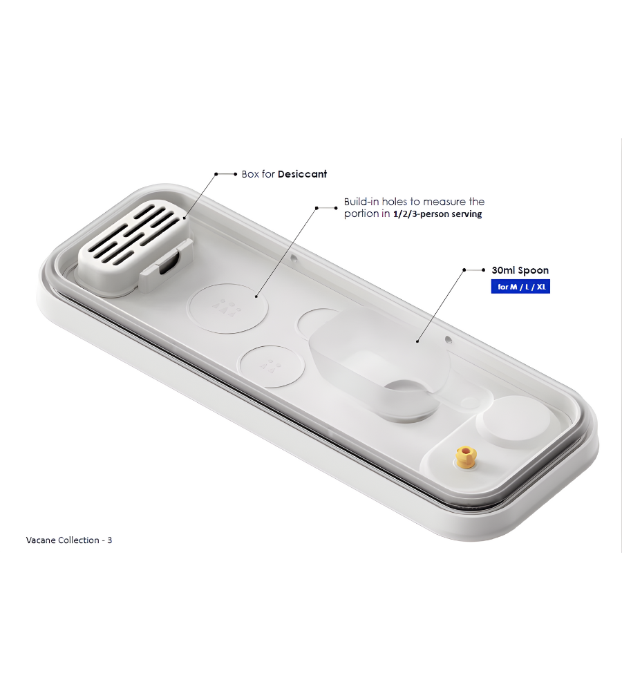 De DATEMATE-voorraaddoos KLAR Wit met kooktijdtimer van BNB x VCN heeft een droogmiddelbakje, portiegaten (1/2/3), een lepel van 30 ml voor M/L/XL-maten, is stapelbaar en luchtdicht. Onderdeel van de Vacane-collectie - 3.