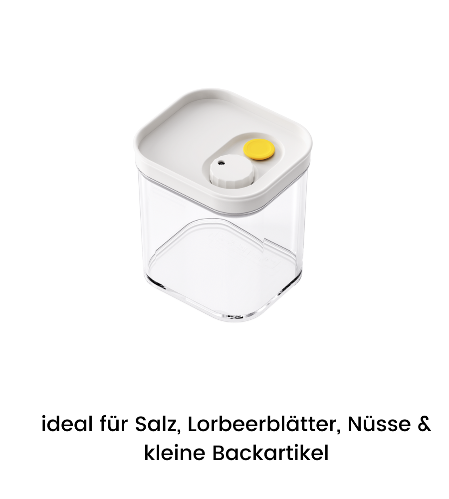 De DATEMATE voorraadbus KLAR Wit van BNB x VCN is een stapelbare, luchtdichte kunststof bus met een wit deksel, een kooktijdtimer en een geel-grijze knop – ideaal voor zout, laurierblaadjes, noten en kleine bakproducten.