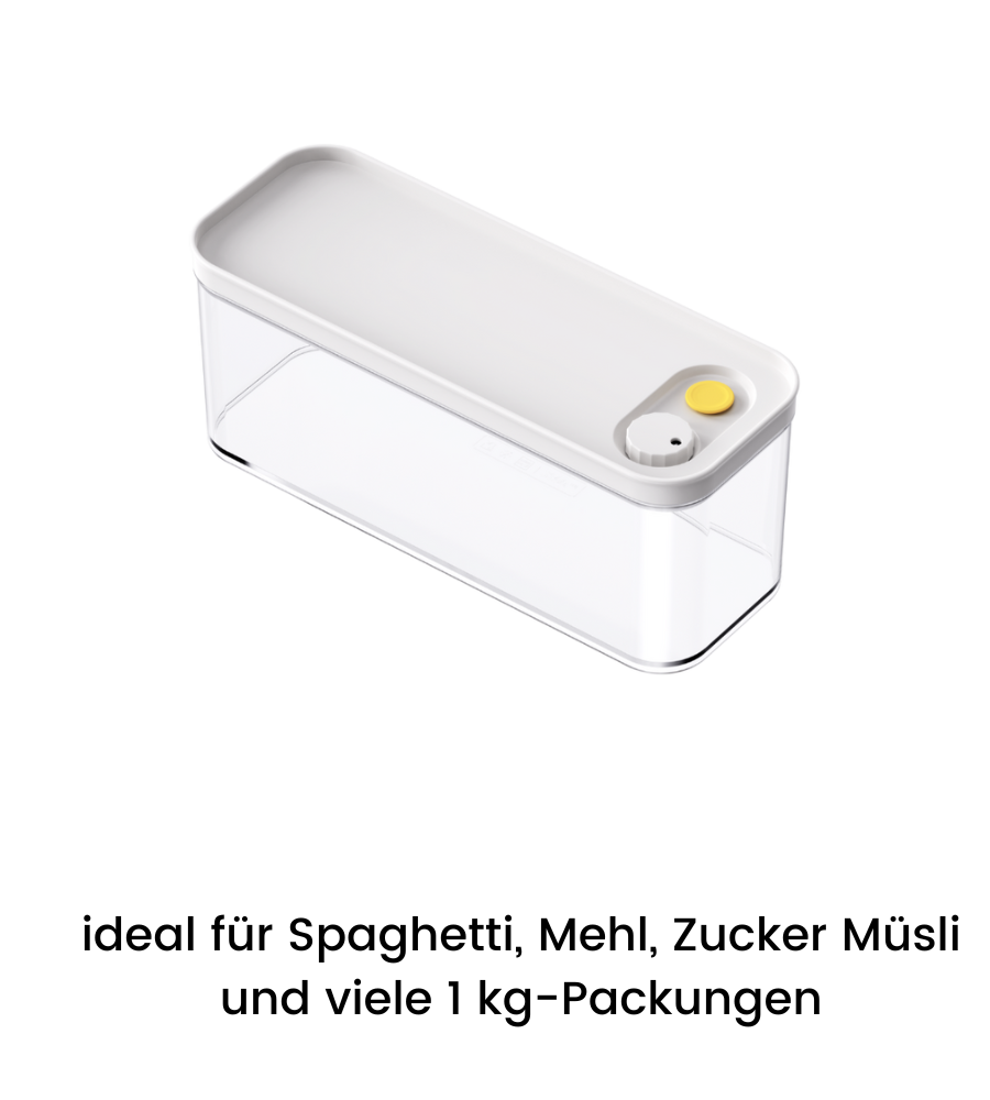De DATEMATE voorraadbus KLAR Wit met kooktijdtimer van BNB x VCN is rechthoekig, doorzichtig, luchtdicht, met een wit deksel en geel-grijze knoppen. Ideaal voor veel verpakkingen van 1 kg, stapelbaar en ruimtebesparend in de kast.