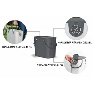 Rotho ALBULA recyclingafvalsysteem 25 l in antraciet: grijze kunststof bak met handvat, ideaal voor afvalscheiding. Op het deksel staan flessen, glazen en een hand afgebeeld die iets uit een blikje schenkt. Inclusief Duitse tekst.