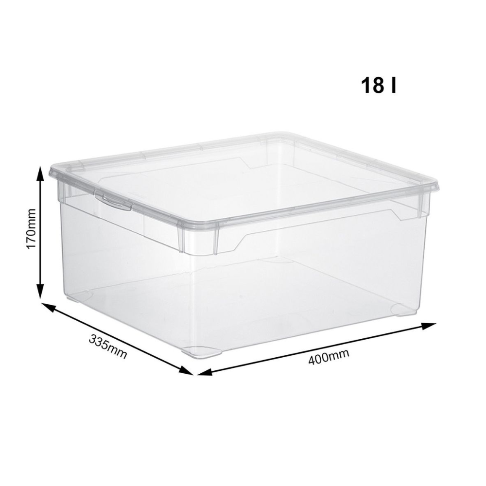 Doorzichtige plastic bak met deksel, inhoud 18 liter, afmetingen 400 x 335 x 170 mm.