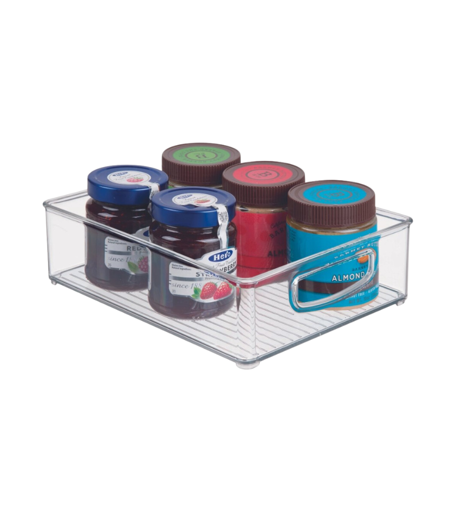 Doorzichtige bak met glazen potjes, bruine en blauwe deksels, op het oppervlak.