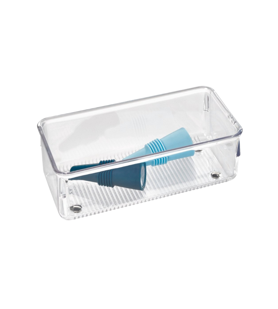 Doorzichtige doos met twee blauwe siliconen schrapers, op een witte achtergrond.