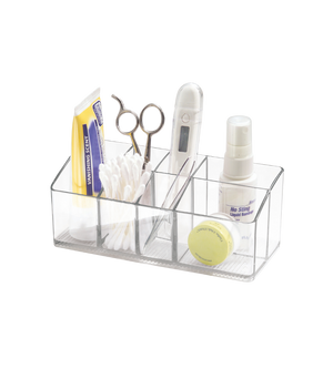 De LINUS MED - Multiorganizer KLAR van iDesign houdt zalf, wattenstaafjes, een schaar, een thermometer, een spuitflesje en potjes netjes gescheiden in aparte vakjes – ideaal voor het opbergen van kleine spulletjes.