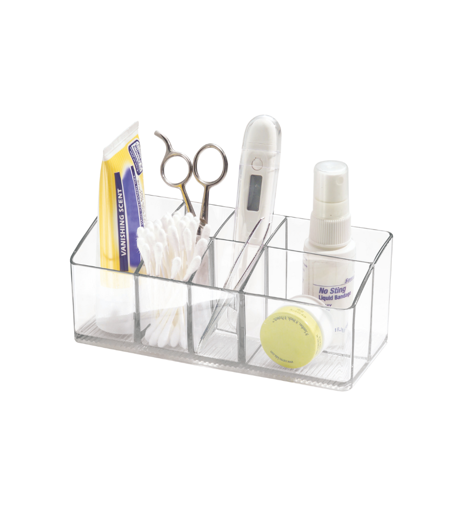 De LINUS MED - Multiorganizer KLAR van iDesign houdt zalf, wattenstaafjes, een schaar, een thermometer, een spuitflesje en potjes netjes gescheiden in aparte vakjes – ideaal voor het opbergen van kleine spulletjes.