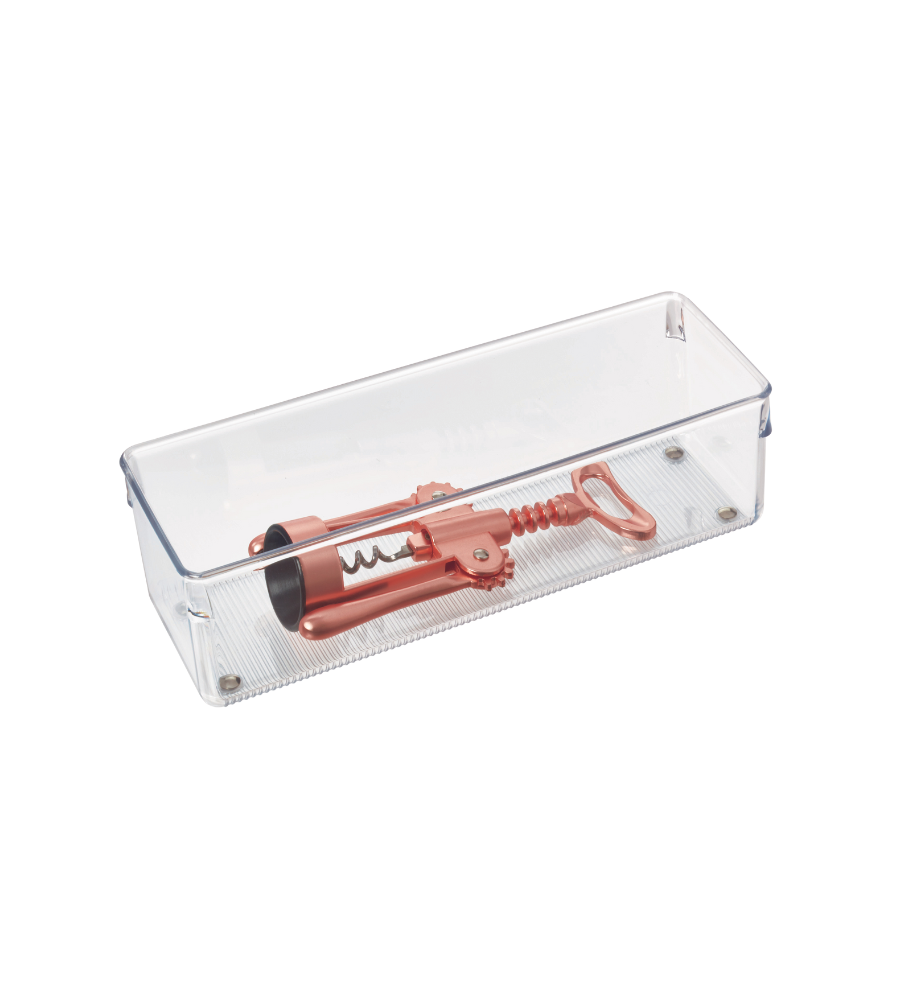 Een transparante iDesign LINUS-lade-organizer HOCH in rechthoekige vorm bevat een kurkentrekker met vleugels in roségoud metallic, die op een wit oppervlak met structuur wordt gepresenteerd.