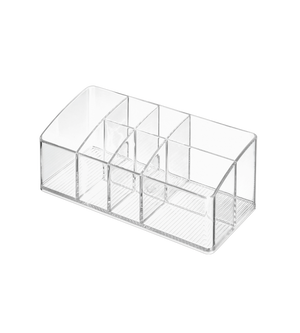 De LINUS MED Multiorganizer KLAR van iDesign valt op door zijn transparante ontwerp en acht vakken in verschillende maten voor het opbergen van kleine spullen zoals kantoorbenodigdheden of make-up tegen een witte achtergrond.