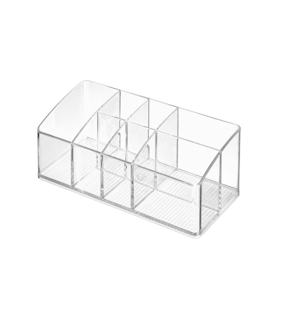 De LINUS MED Multiorganizer KLAR van iDesign valt op door zijn transparante ontwerp en acht vakken in verschillende maten voor het opbergen van kleine spullen zoals kantoorbenodigdheden of make-up tegen een witte achtergrond.