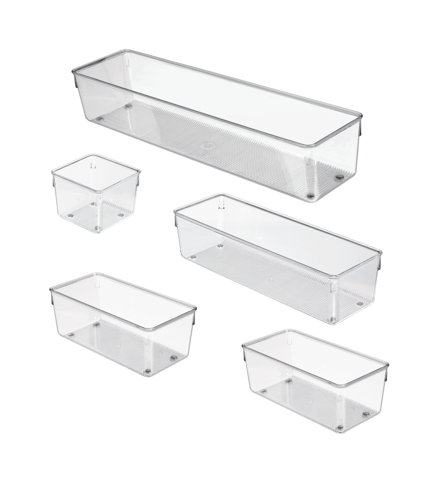 De iDesign-ladesorteerset LINUS - HOOG (5-delig) bestaat uit drie rechthoekige en twee vierkante kunststof bakjes in verschillende maten, die ideaal zijn om lades overzichtelijk te houden. Alle vijf de onderdelen zijn overzichtelijk gerangschikt op een witte achtergrond.