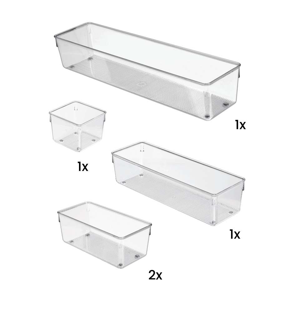 De iDesign-ladesorteerset LINUS - HOOG (5-delig) bevat vijf doorzichtige bakjes – een kleine, een middelgrote, twee grote en een extra grote – perfect om je lades overzichtelijk te houden. Alle artikelen zijn afgebeeld op een witte achtergrond en voorzien van de hoeveelheden.