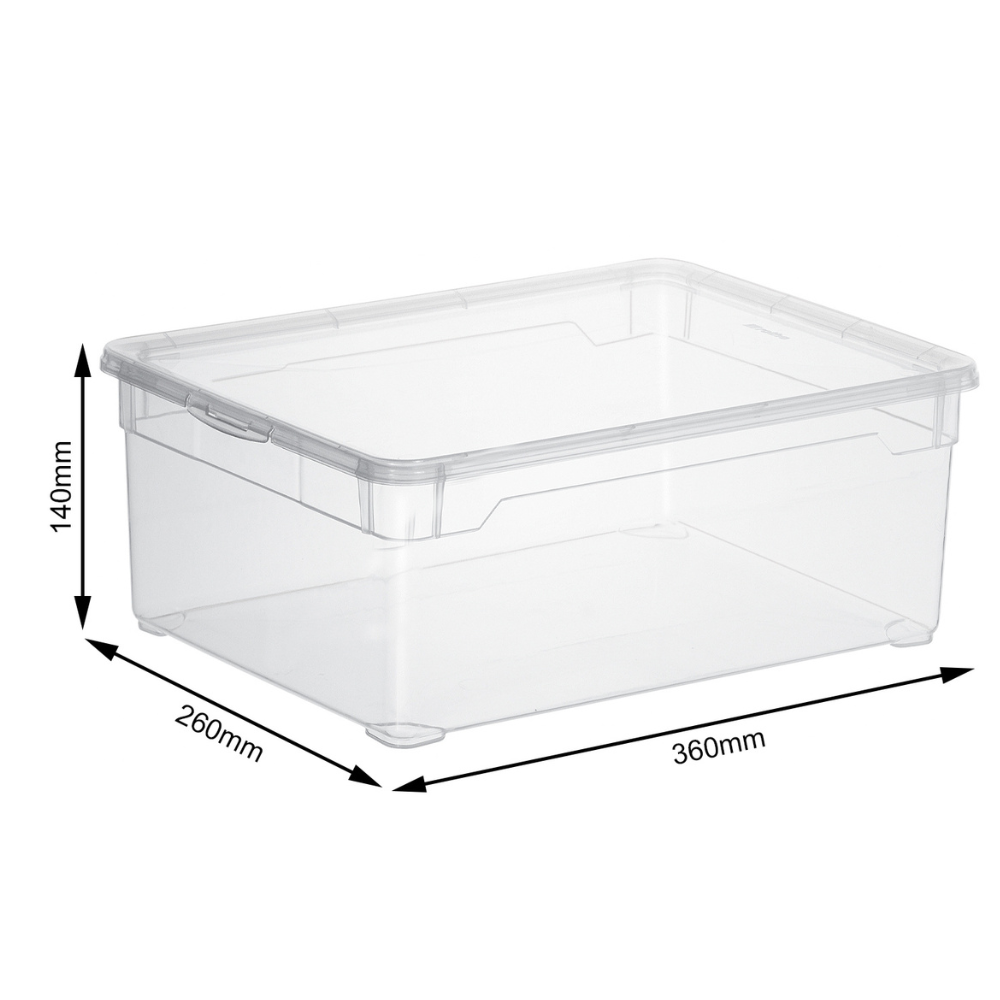 De Rotho opbergbox CLEAR 10L (36x26x14 cm) is stapelbaar, doorzichtig en voorzien van een deksel. Zwarte pijlen en afmetingen geven duidelijk de grootte van de box aan.