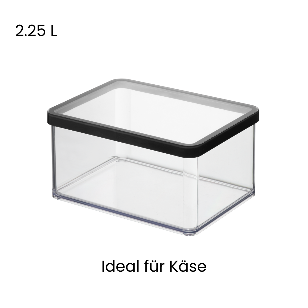 Doorzichtige doos met zwart deksel, tekst „2,25 l, ideaal voor kaas“.