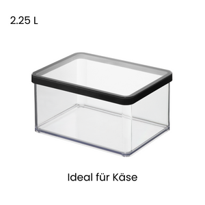 Doorzichtige doos met zwart deksel, tekst „2,25 l, ideaal voor kaas“.