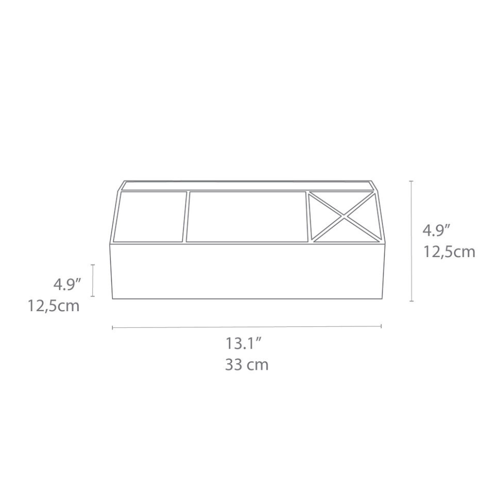 Stijltekeningen van de Bigso ELISA bureau-organizer – linnen canvas in beige, 12,5 cm hoog en 33 cm breed, met binnenindeling – ideaal om je bureau op orde te houden. De afmetingen zijn ter oriëntatie vanaf de voorkant weergegeven.