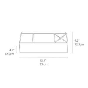 Stijltekeningen van de Bigso ELISA bureau-organizer – linnen canvas in beige, 12,5 cm hoog en 33 cm breed, met binnenindeling – ideaal om je bureau op orde te houden. De afmetingen zijn ter oriëntatie vanaf de voorkant weergegeven.