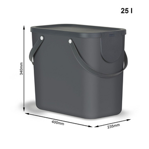 De 3-delige set ALBULA-recyclingsysteem 25 l van Rotho in antraciet bestaat uit rechthoekige, stapelbare bakken met deksel en handgrepen aan de zijkant (340 x 400 x 235 mm), perfect voor ruimtebesparende afvalscheiding en recycling.