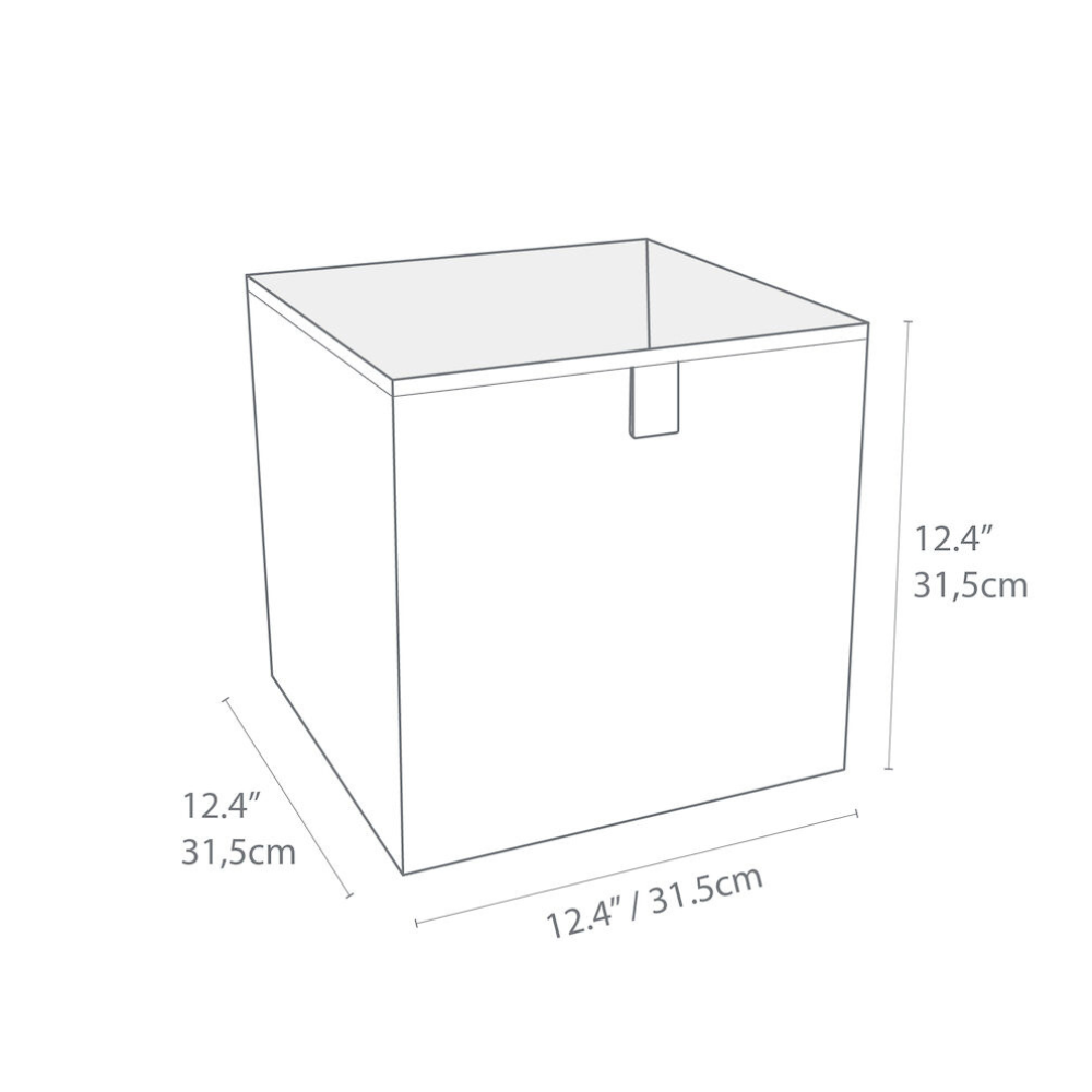 Schets van de Bigso SOFT opbergdoos CUBE - grijs, met afmetingen van 31,5 cm aan alle zijden en een klein rechthoekig handvat aan de voorkant. Handig, opvouwbaar ontwerp voor compacte opslag.
