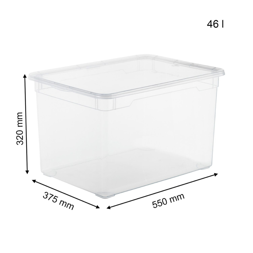 De stapelbare Rotho-opbergbox CLEAR 46L (55x37,5x32 cm) biedt met zijn deksel en zwarte maatstreepjes aan de zijkanten een transparant overzicht en praktische opbergruimte.