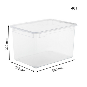 De stapelbare Rotho-opbergbox CLEAR 46L (55x37,5x32 cm) biedt met zijn deksel en zwarte maatstreepjes aan de zijkanten een transparant overzicht en praktische opbergruimte.