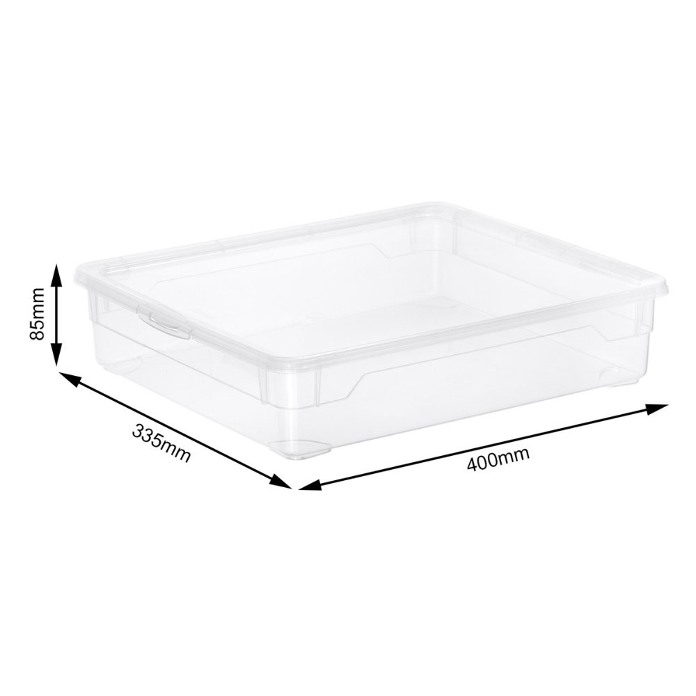 De Rotho opbergbox CLEAR 9L (40x33,5x8,5 cm) met deksel is afgebeeld op een witte achtergrond. Deze stapelbare box is ideaal om spullen overzichtelijk op te bergen.