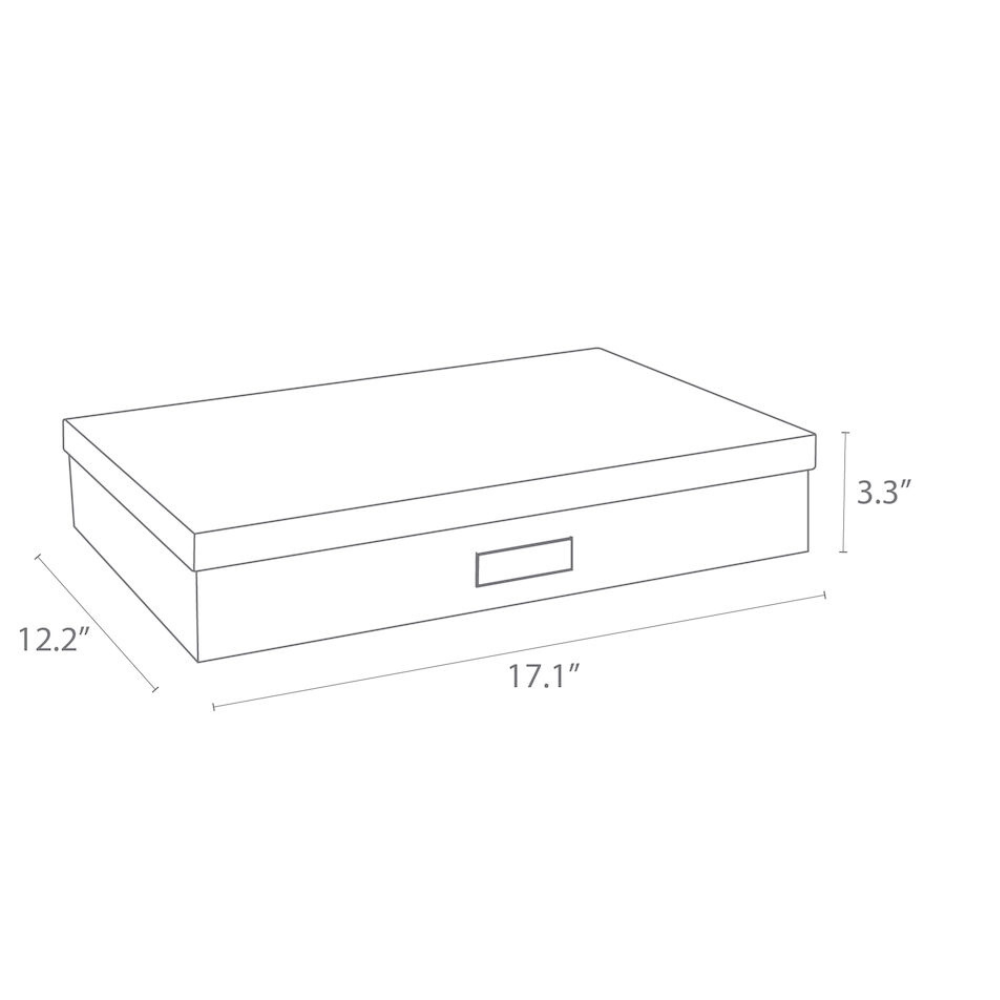 Schets van de Bigso's SVERKER opbergdoos A3 - grijs met deksel, met de afmetingen 17,1" B x 12,2" D x 3,3" H, plus een klein labelveld aan de voorkant voor het handig opbergen van documenten.