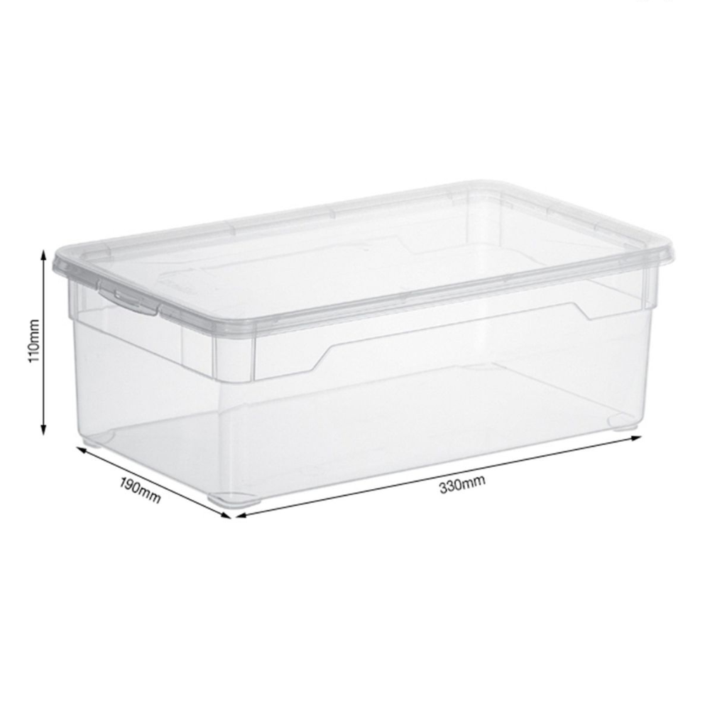 De Rotho opbergdoos CLEAR 5L (33,5 x 19 x 11 cm) met deksel is leeg en staat afgebeeld tegen een witte achtergrond.