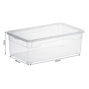 De Rotho opbergdoos CLEAR 5L (33,5 x 19 x 11 cm) met deksel is leeg en staat afgebeeld tegen een witte achtergrond.