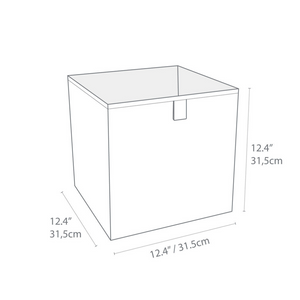 Een schets van de SOFT opbergbox CUBE - Beige van Bigso, met de opgegeven afmetingen van 12,4 inch (31,5 cm) in hoogte, breedte en diepte, met een open bovenkant en een klein handvat aan de voorkant.