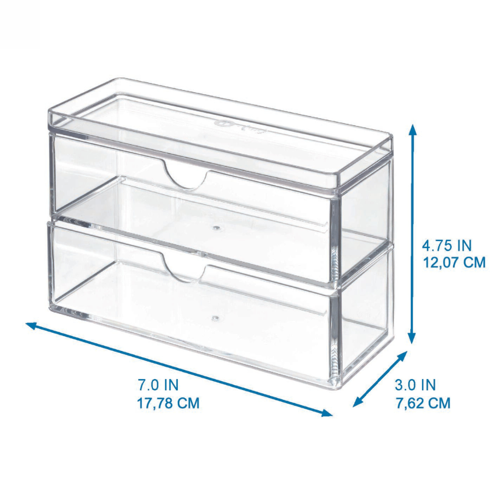 De iDesign HOME EDIT - cosmetica-organizer TRANSPARANT - met lade past perfect in smalle planken en is 17,78 cm (B) x 7,62 cm (D) x 12,07 cm (H).