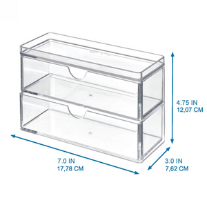De iDesign HOME EDIT - cosmetica-organizer TRANSPARANT - met lade past perfect in smalle planken en is 17,78 cm (B) x 7,62 cm (D) x 12,07 cm (H).