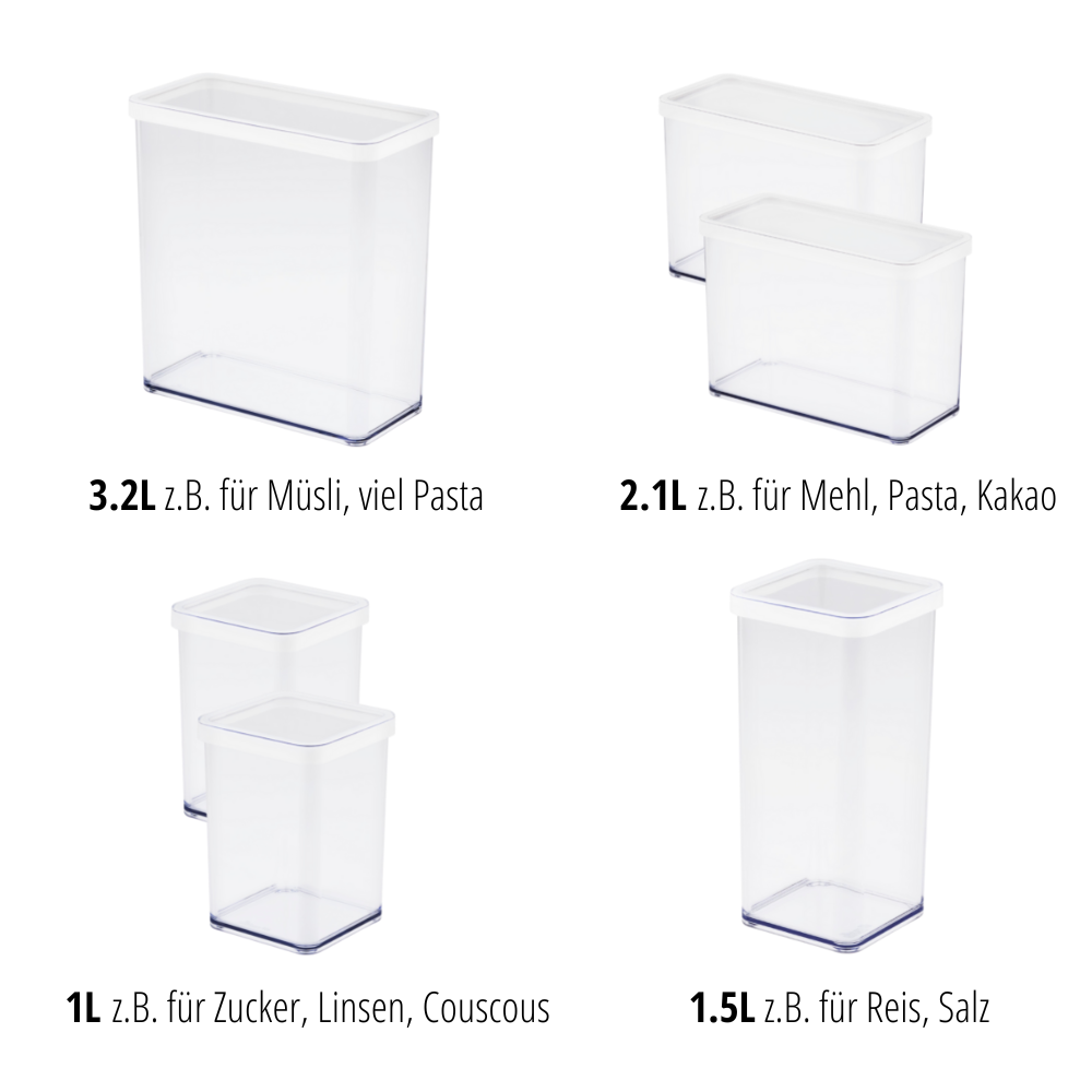 De 6-delige LOFT-voorraadbussenset van Rotho houdt je voorraadkast netjes. De doorzichtige bussen (1-3,2 l) zijn in het Duits bedrukt en ideaal voor muesli, pasta, meel of suiker.