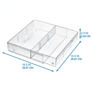 De iDesign HOME EDIT - lade-organizer DOORZICHTIG - uittrekbaar is een doorzichtig kunststof bakje met vier vakken, die elk 26,67 cm (10,5") breed en 5,08 cm (2") hoog zijn – ideaal voor overzichtelijke, uitbreidbare opbergoplossingen.