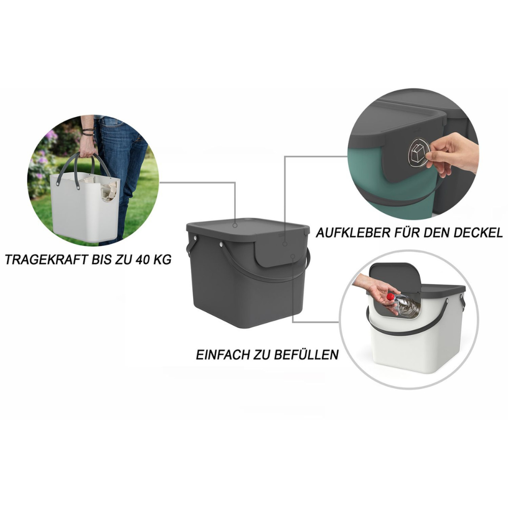 Een set van drie Rotho-bakken – ALBULA-recyclingsysteem 40 l in antraciet: stevige, stapelbare kunststofbakken met handgrepen, voorzien van het opschrift "draagvermogen tot 40 kg", makkelijk te vullen, inclusief stickers voor op de deksels – ideaal voor afvalscheiding.