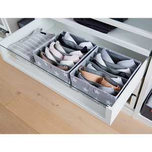 In een open witte lade passen twee "STAR Organizer 6 vakken breed grijs" van Love it Store it, waarin je neutraal gekleurd ondergoed netjes kunt opbergen. Deze set van twee is een stijlvolle aanvulling op moderne kasten met een lichte houten bodem.