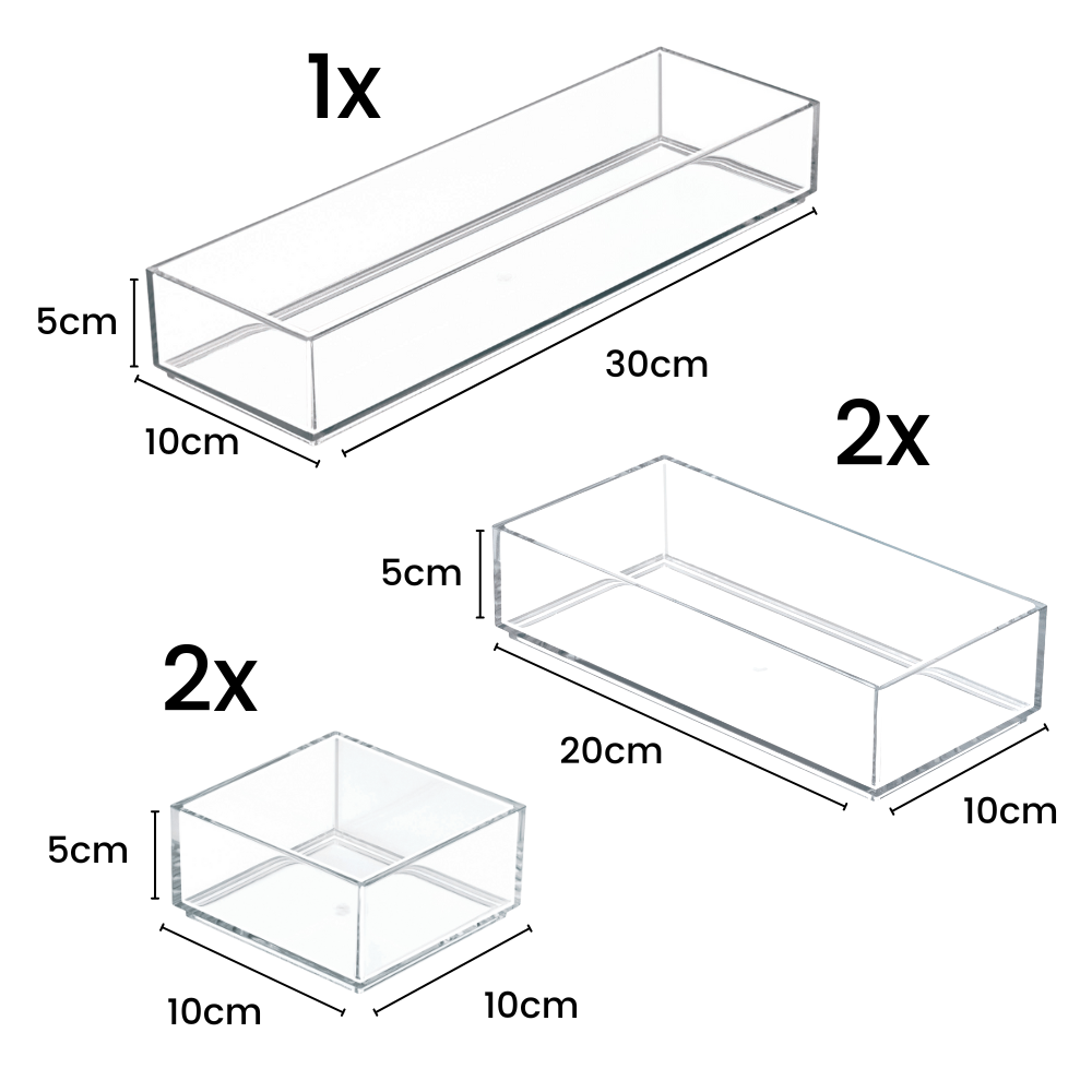 De iDesign-ladesorteerset CLARITY (5-delig) bestaat uit 1 bakje (30x10x5 cm), 2 bakjes (20x10x5 cm) en 2 bakjes (10x10x5 cm) – ideaal voor een stijlvolle, overzichtelijke indeling van je lades.