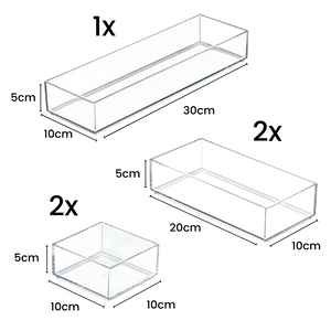 De iDesign-ladesorteerset CLARITY (5-delig) bestaat uit 1 bakje (30x10x5 cm), 2 bakjes (20x10x5 cm) en 2 bakjes (10x10x5 cm) – ideaal voor een stijlvolle, overzichtelijke indeling van je lades.