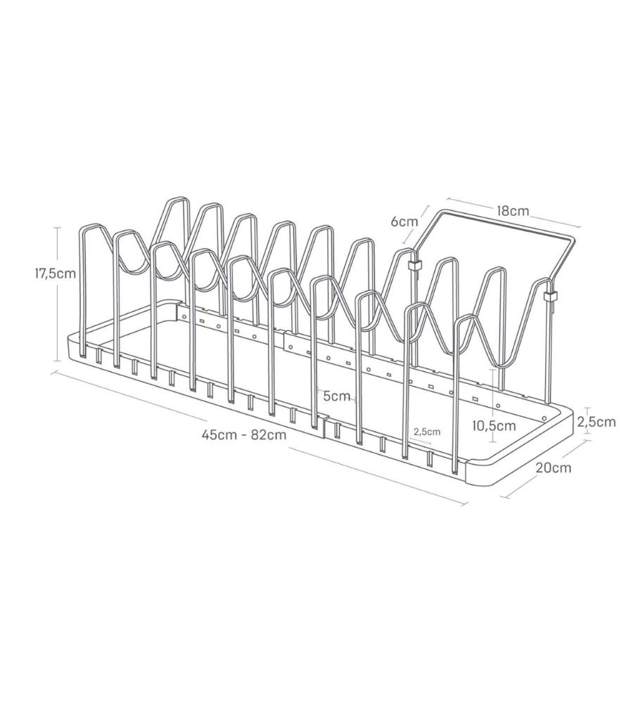 Schets van de YAMAZAKI TOWER uitschuifbare pannenrek in wit, met 8 vakken. Afmetingen: breedte 45-82 cm, hoogte 17,5 cm, diepte 20 cm; afstand tussen de vakken 2,5 cm; eindpaneel: 18 x 6 cm.