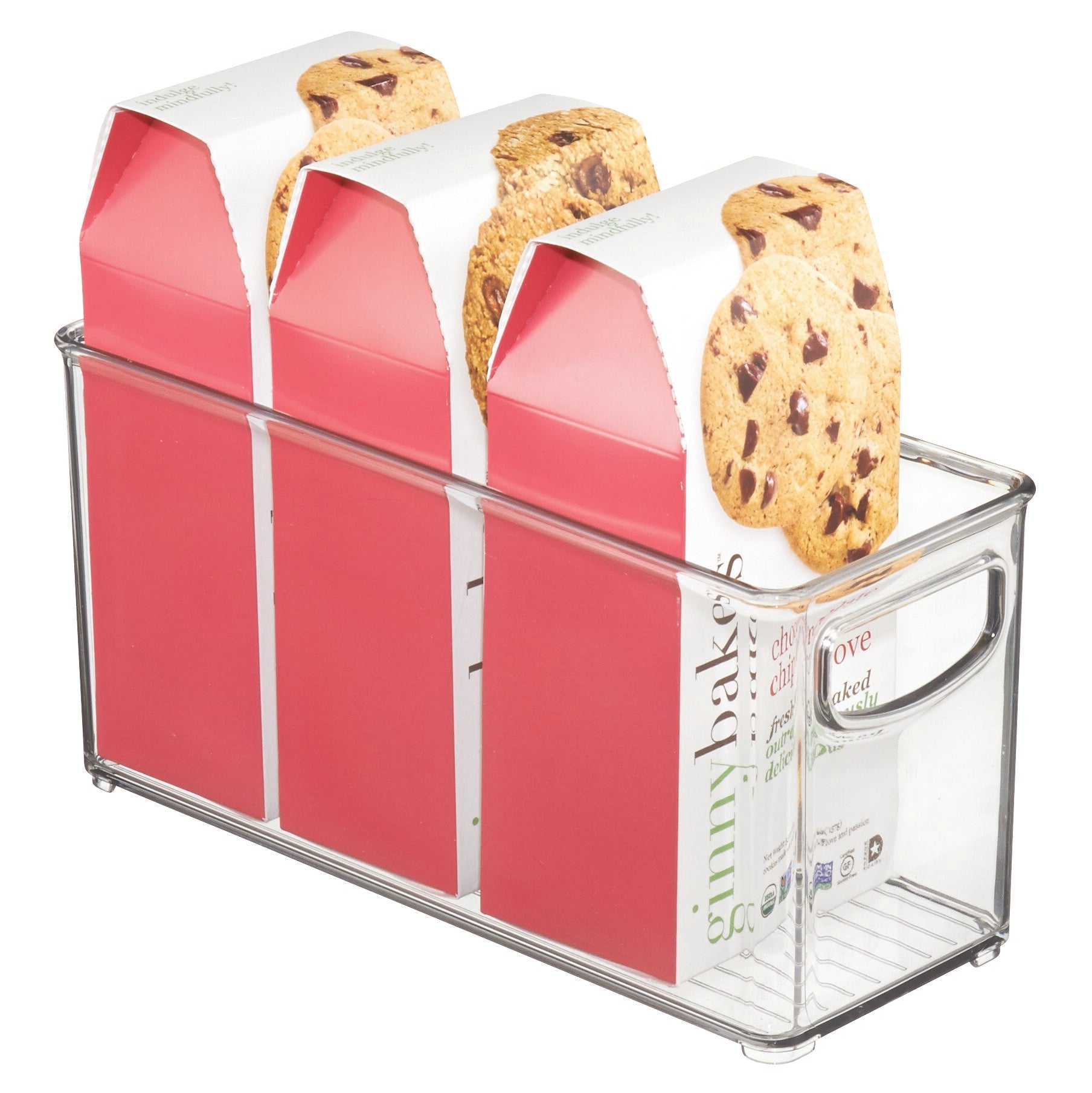 Drie koekjesdoosjes van „ginnybakes“ in een opbergbakje.
