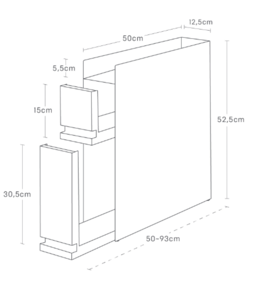 Schets van het YAMAZAKI TOWER kruidenrek met 2 lagen - wit: rechthoekig, 52,5 cm hoog, verstelbare breedte 50-93 cm, diepte 12,5 cm; de lades zijn 15 en 30,5 cm hoog. Afmetingen duidelijk aangegeven.