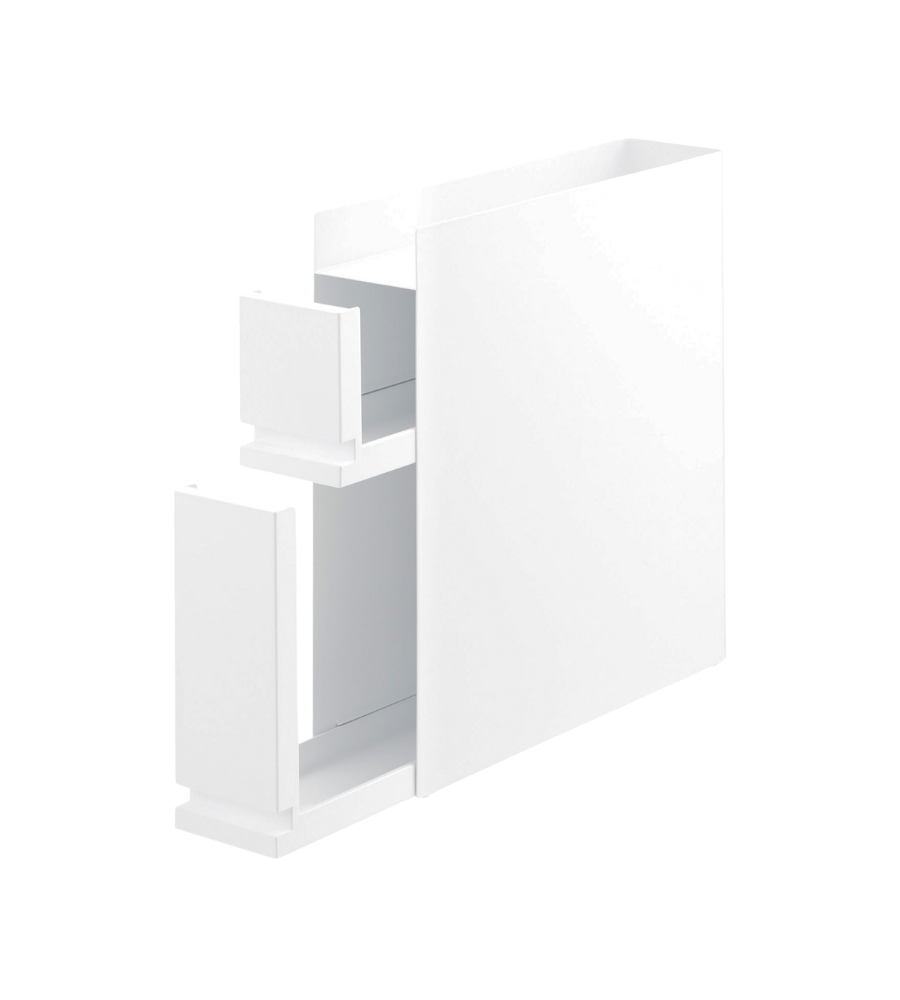 Het YAMAZAKI TOWER kruidenrek met twee lagen in wit wordt getoond met twee open planken boven elkaar tegen een strakke witte achtergrond – ideaal voor in de keuken om je kruidenpotjes netjes te presenteren of op te bergen.
