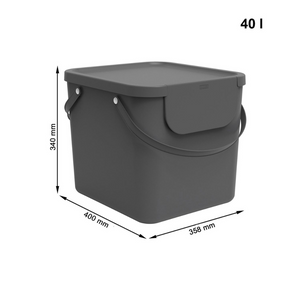 Het Rotho ALBULA Recycling-afvalsysteem 40L in antraciet is een donkergrijze rechthoekige kunststof bak met deksel en handvat, perfect voor afvalscheiding in stapelbare afvalbakken. Afmetingen: 400 x 358 x 340 mm (B/D/H). Inhoud: 40 liter.
