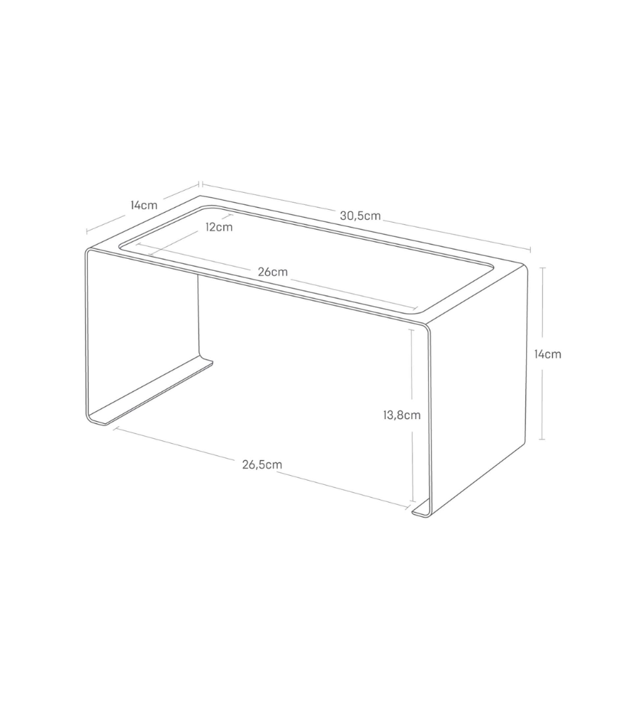 Schets van het TOWER keukenschap SMAL - Wit van YAMAZAKI, afmetingen: 30,5 cm breed, 14 cm hoog, 26,5 cm diep (binnenafmetingen) - ideaal voor efficiënte opslag in de keuken.