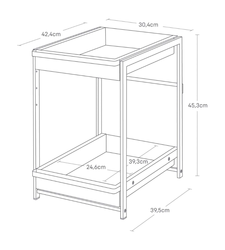 Schets van het YAMAZAKI TOWER laderek met 2 lagen - wit, toont twee open planken met de afmetingen: H 45,3 cm x B 42,4 cm x D 30,4 cm; binnenafmetingen plank 24,6 x 39,3 cm, diepte onderste plank 39,5 cm.
