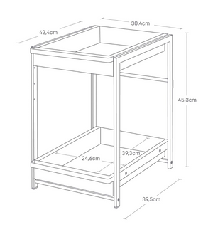 Schets van het YAMAZAKI TOWER laderek met 2 lagen - wit, toont twee open planken met de afmetingen: H 45,3 cm x B 42,4 cm x D 30,4 cm; binnenafmetingen plank 24,6 x 39,3 cm, diepte onderste plank 39,5 cm.