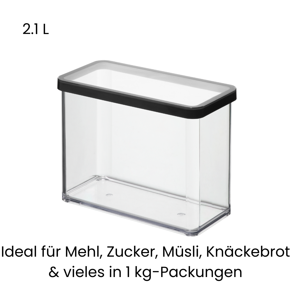 Rechthoekige plastic voorraadbus van 2,1 liter, met een zwart deksel, voor meel en muesli.